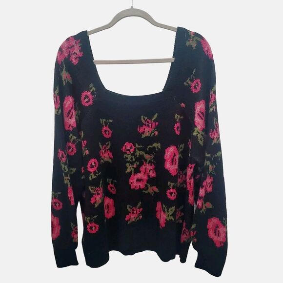 Cato Knit Sweater Womens Plus 22/24W Square Neck Black Pink Floral Long Sleeve - Picture 3 of 9